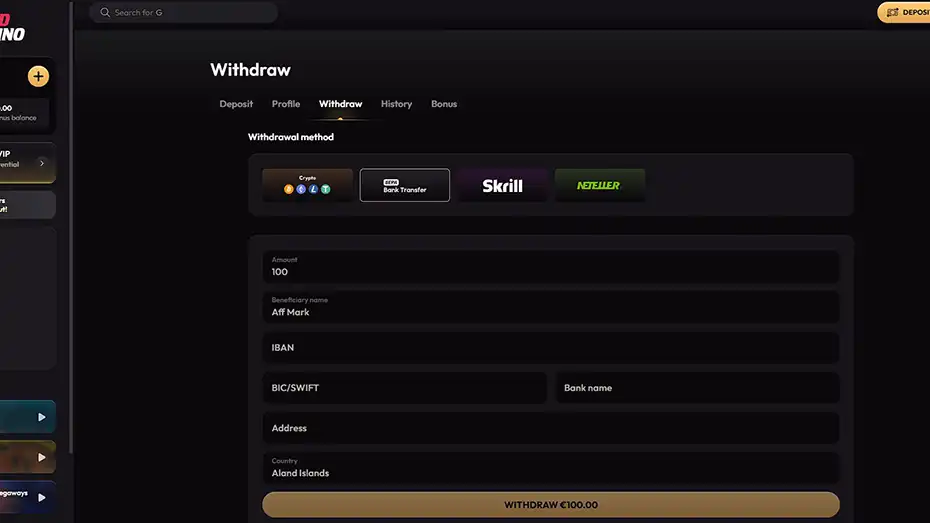 MadCasino Withdrawal Bank Transfer